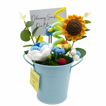 Crochet Sunflower &amp; Floral Arrangement in Blue Metal Bucket