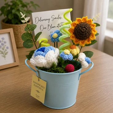 Crochet Sunflower &amp; Floral Arrangement in Blue Metal Bucket