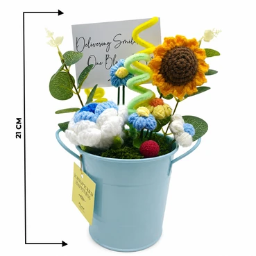Crochet Sunflower &amp; Floral Arrangement in Blue Metal Bucket