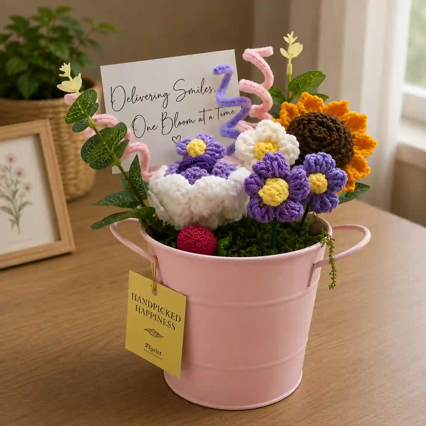 Crochet Floral Arrangement with Sunflower in Pink Metal Bucket
