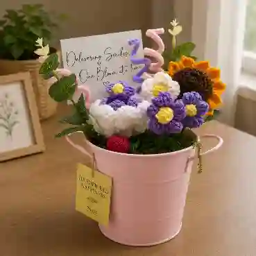 Crochet Floral Arrangement with Sunflower in Pink Metal Bucket