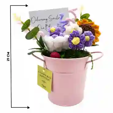 Crochet Floral Arrangement with Sunflower in Pink Metal Bucket
