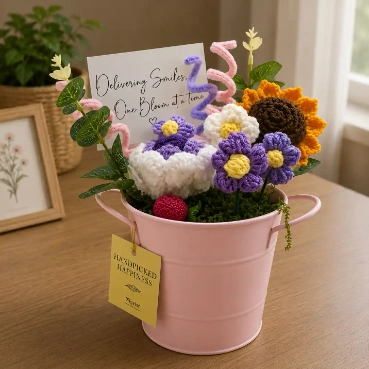 Crochet Floral Arrangement with Sunflower in Pink Metal Bucket