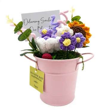 Crochet Floral Arrangement with Sunflower in Pink Metal Bucket