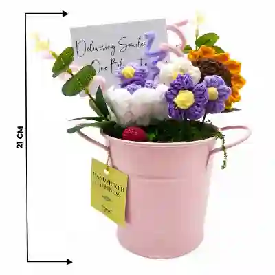 Crochet Floral Arrangement with Sunflower in Pink Metal Bucket