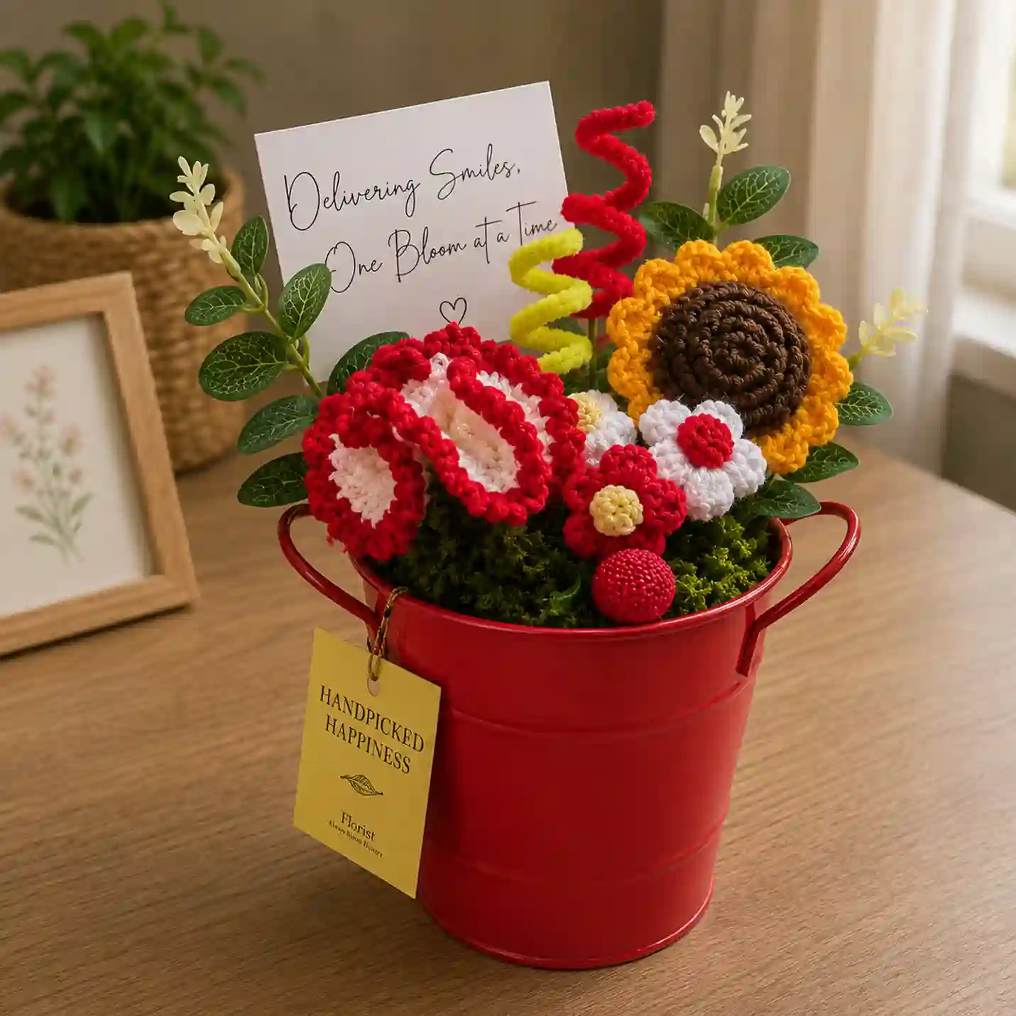 Red & White Crochet Floral Arrangement with Sunflower in Red Metal Bucket