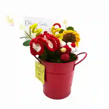 Red &amp; White Crochet Floral Arrangement with Sunflower in Red Metal Bucket
