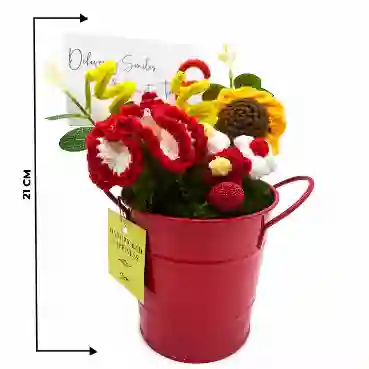 Red &amp; White Crochet Floral Arrangement with Sunflower in Red Metal Bucket