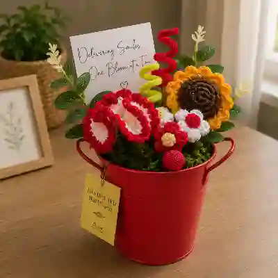 Red & White Crochet Floral Arrangement with Sunflower in Red Metal Bucket