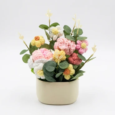 Pastel Crochet Floral Arrangement in Elegant Ceramic Pot