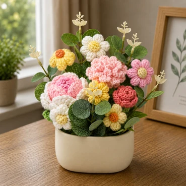 Pastel Crochet Floral Arrangement in Elegant Ceramic Pot