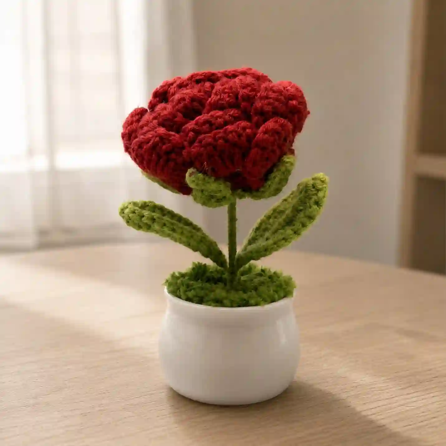 Handmade crochet Red Rose in White Ceramic Pot