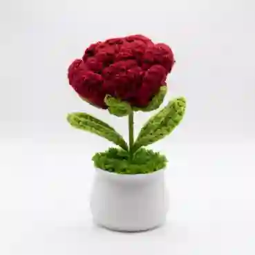 Handmade crochet Red Rose in White Ceramic Pot