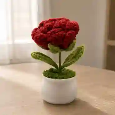 Handmade crochet Red Rose in White Ceramic Pot