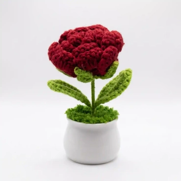 Handmade crochet Red Rose in White Ceramic Pot