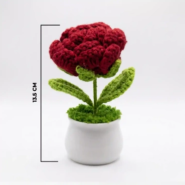 Handmade crochet Red Rose in White Ceramic Pot