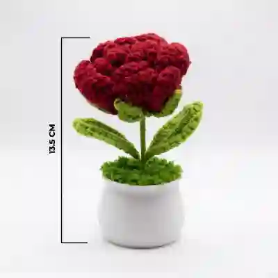 Handmade crochet Red Rose in White Ceramic Pot