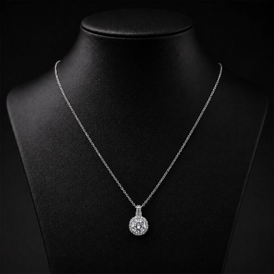 Silver Round Halo Pendant Necklace