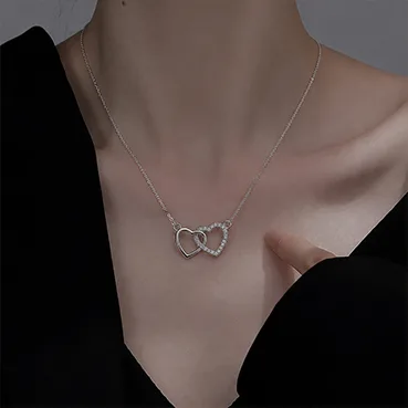 Silver Double Heart Crystal Pendant Necklace