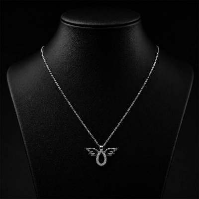 Silver Angel Wings Crystal Pendant Necklace