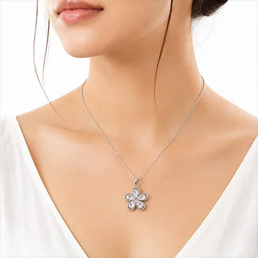 Silver Finish Crystal Flower Pendant Necklace for Women