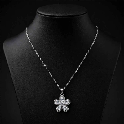 Silver Finish Crystal Flower Pendant Necklace for Women