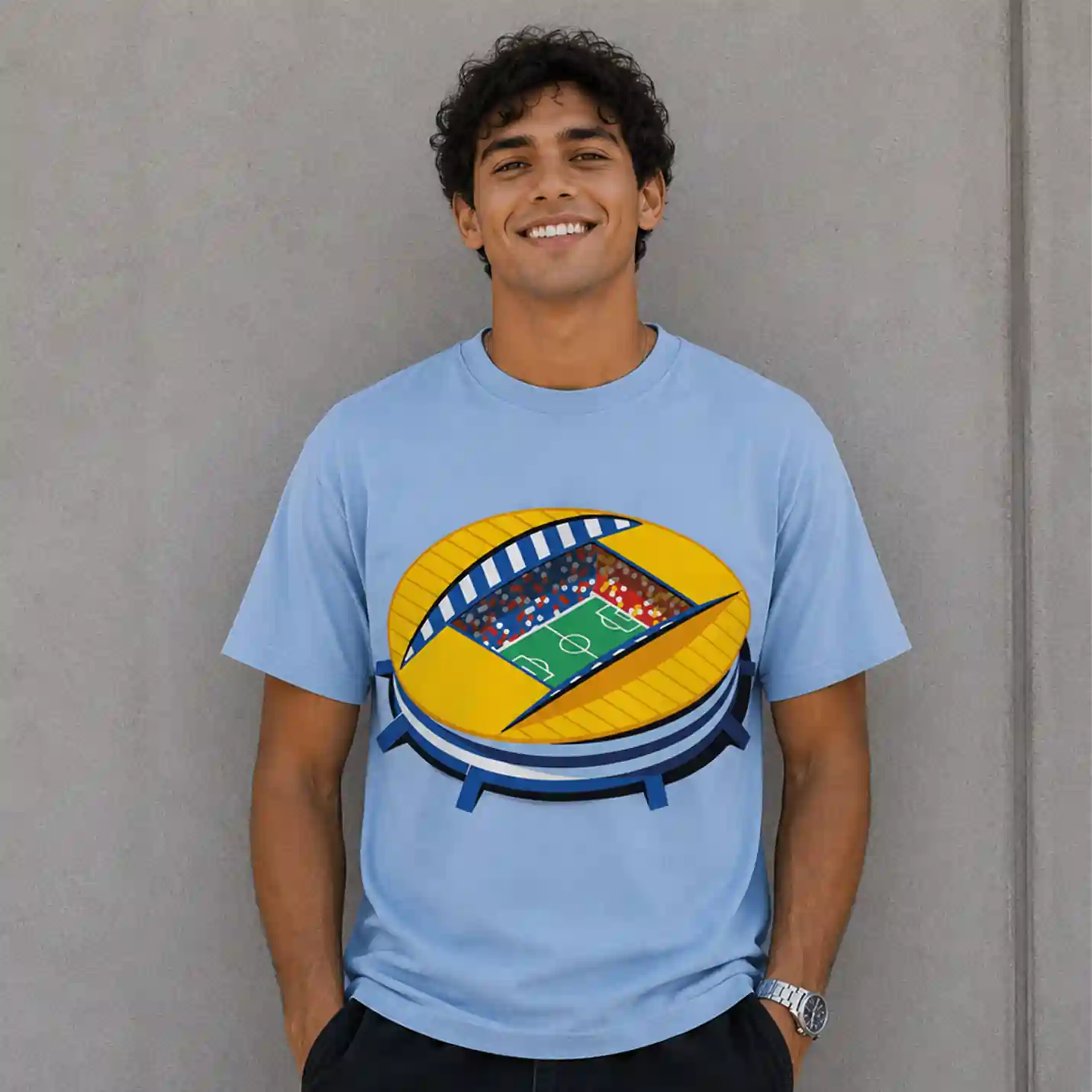 Football Stadium Graphic Printed Sky Blue T-Shirt