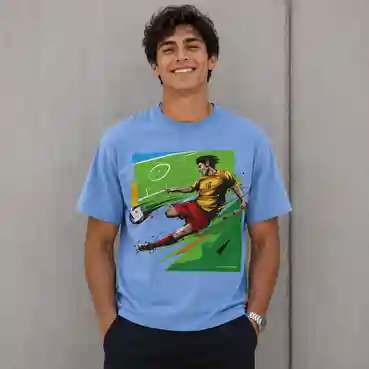 Dynamic Football Player Graphic Printed Sky Blue T-Shirt