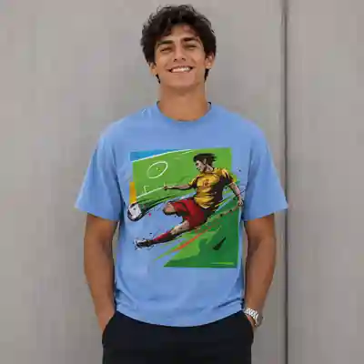 Dynamic Football Player Graphic Printed Sky Blue T-Shirt