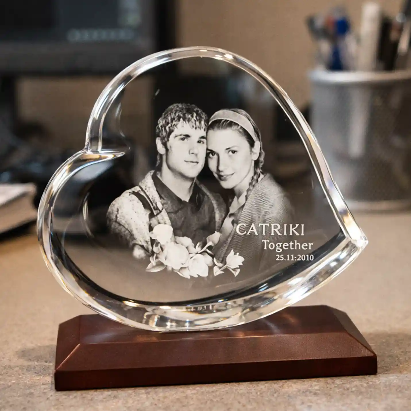 Couple Heart Shaped 3D Laser Engraved Crystal