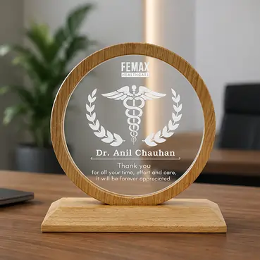Custom Acrylic Memento with Wooden Base and Round Frame