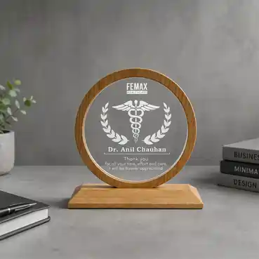 Custom Acrylic Memento with Wooden Base and Round Frame