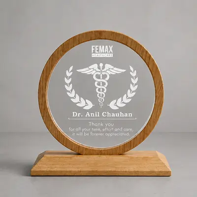 Custom Acrylic Memento with Wooden Base and Round Frame