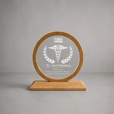 Custom Acrylic Memento with Wooden Base and Round Frame