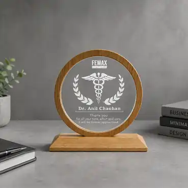 Custom Acrylic Memento with Wooden Base and Round Frame