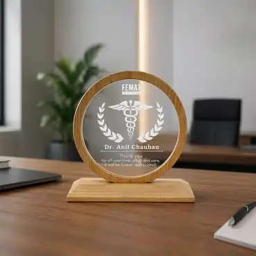 Custom Acrylic Memento with Wooden Base and Round Frame